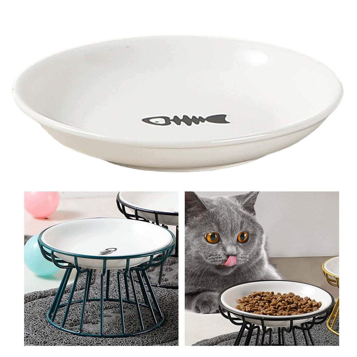 Raised Ceramic Bowl with Detachable Metal Stand Anti slip Fish Print Plate