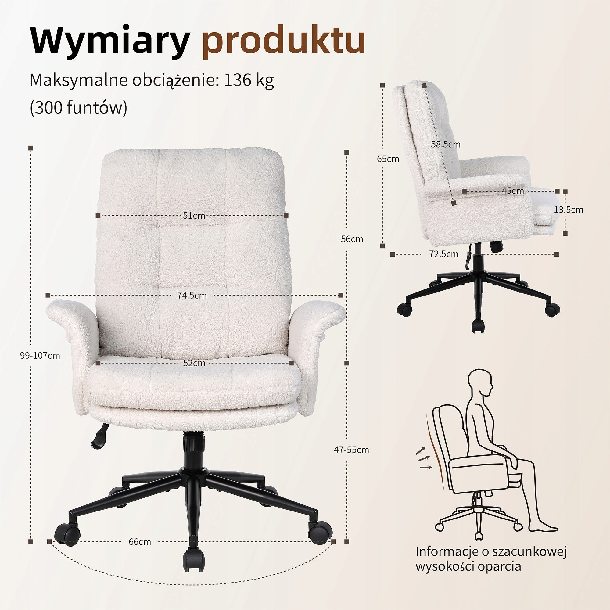 Ralex-chair Fotel Biurowy Beżowy Teddy Ergonomiczny Regulowany Obrotowy Packaging status original