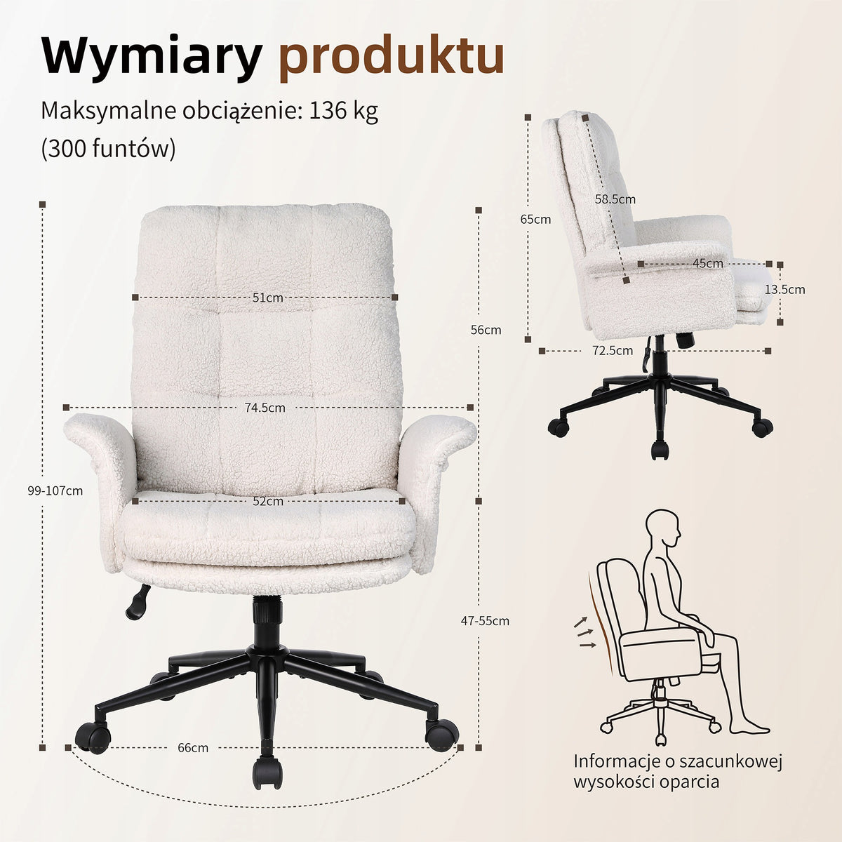 Ralex-chair Fotel Biurowy Beżowy Teddy Ergonomiczny Regulowany Obrotowy Packaging status original