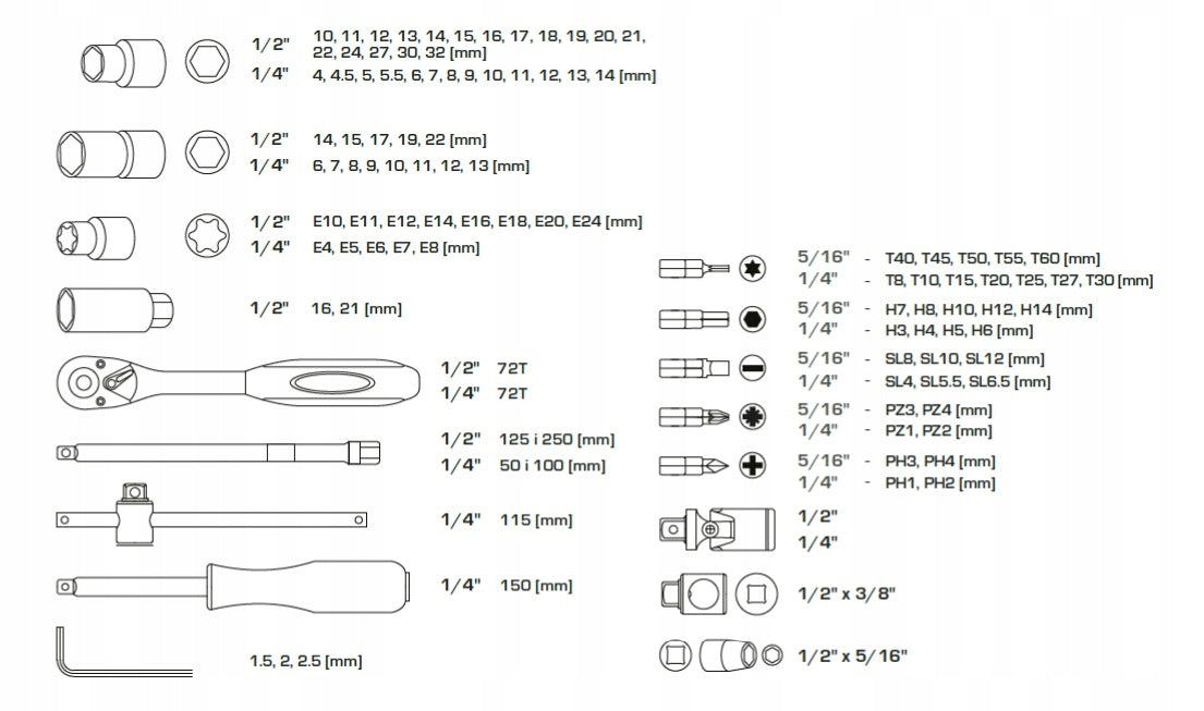 Ratchet socket wrench set 1/2 1/4 PRO 108 PRO WK407 Brand Pro