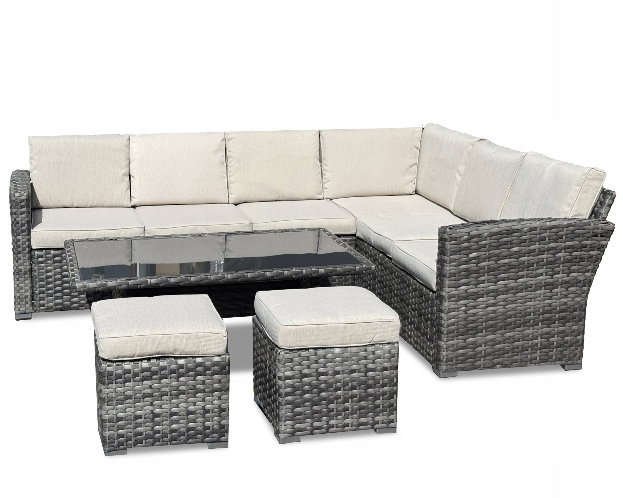 Rattan Garden Furniture Set Corner Right Table Poufs Grey Just Relax