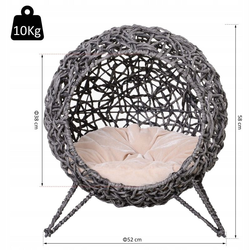 Rattan cat booth, with pillow, raised, grey, Ø52×58 cm Length 52 cm