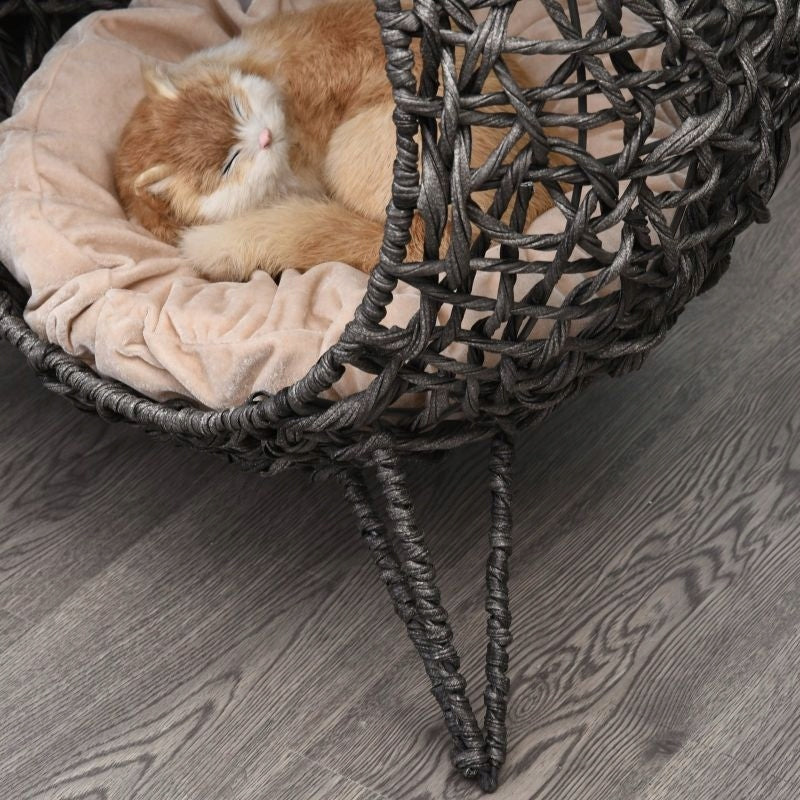 Rattan cat booth, with pillow, raised, grey, Ø52×58 cm Mounting location freestanding