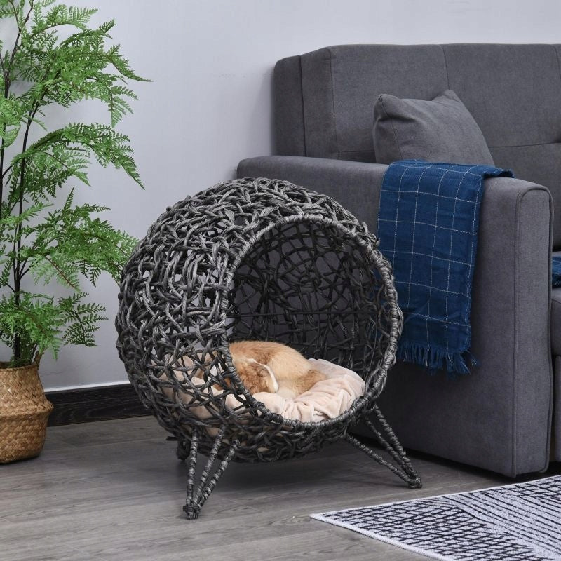 Rattan cat booth, with pillow, raised, grey, Ø52×58 cm