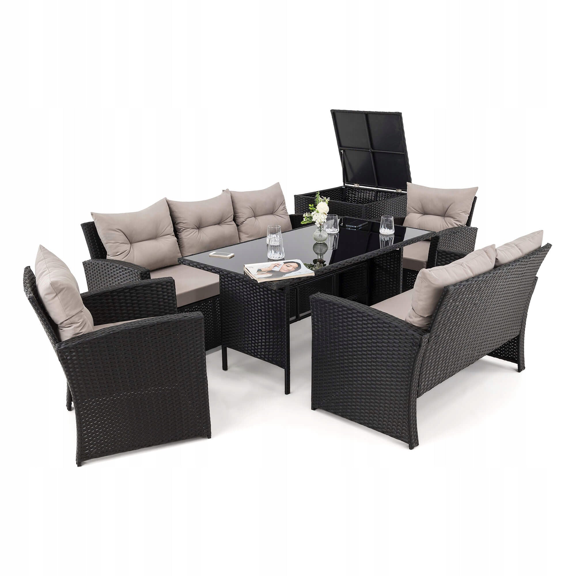 Rattan garden set MARSEILLE BIG black cushions grey 03