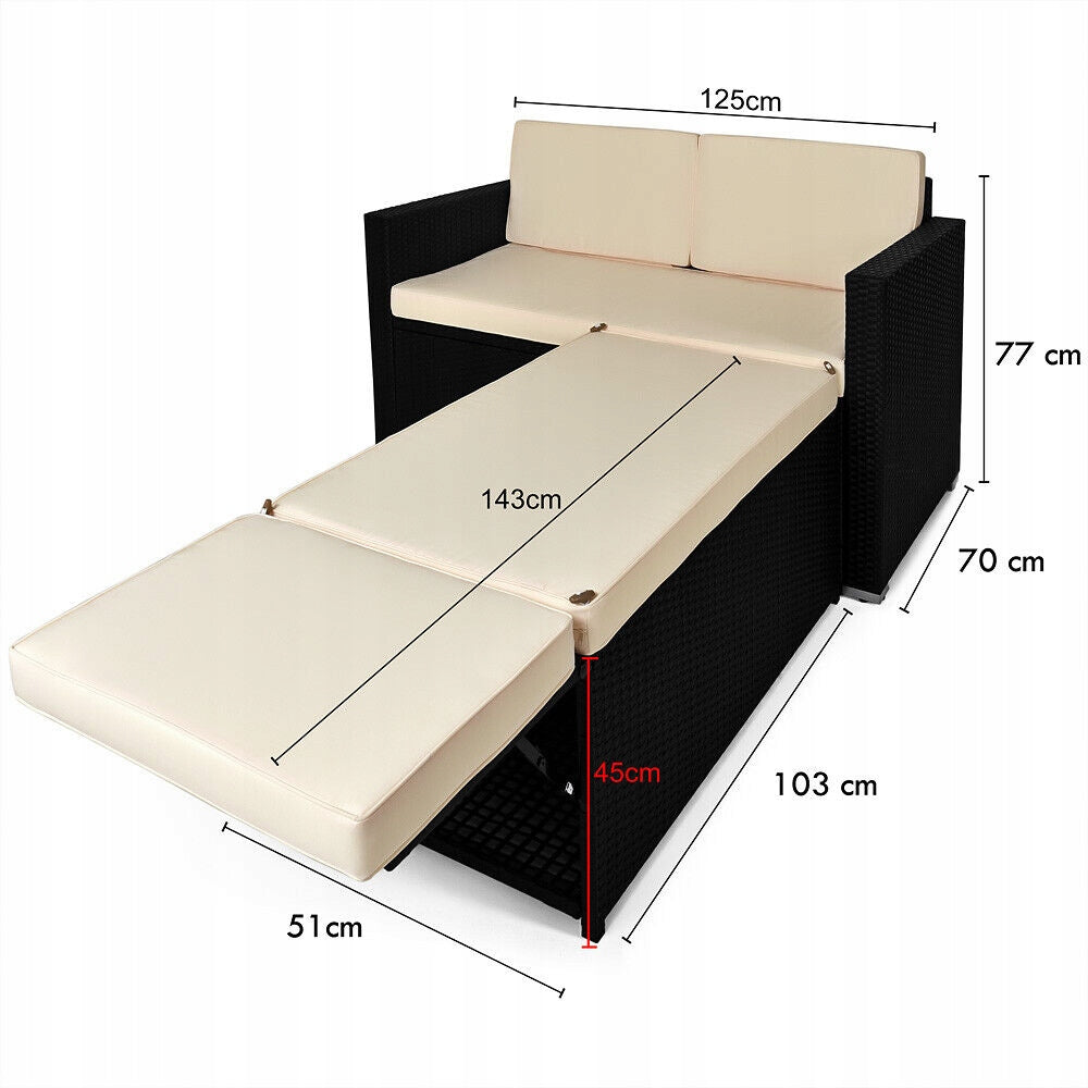 Rattan sofa for garden footrest bench cushion + Color black