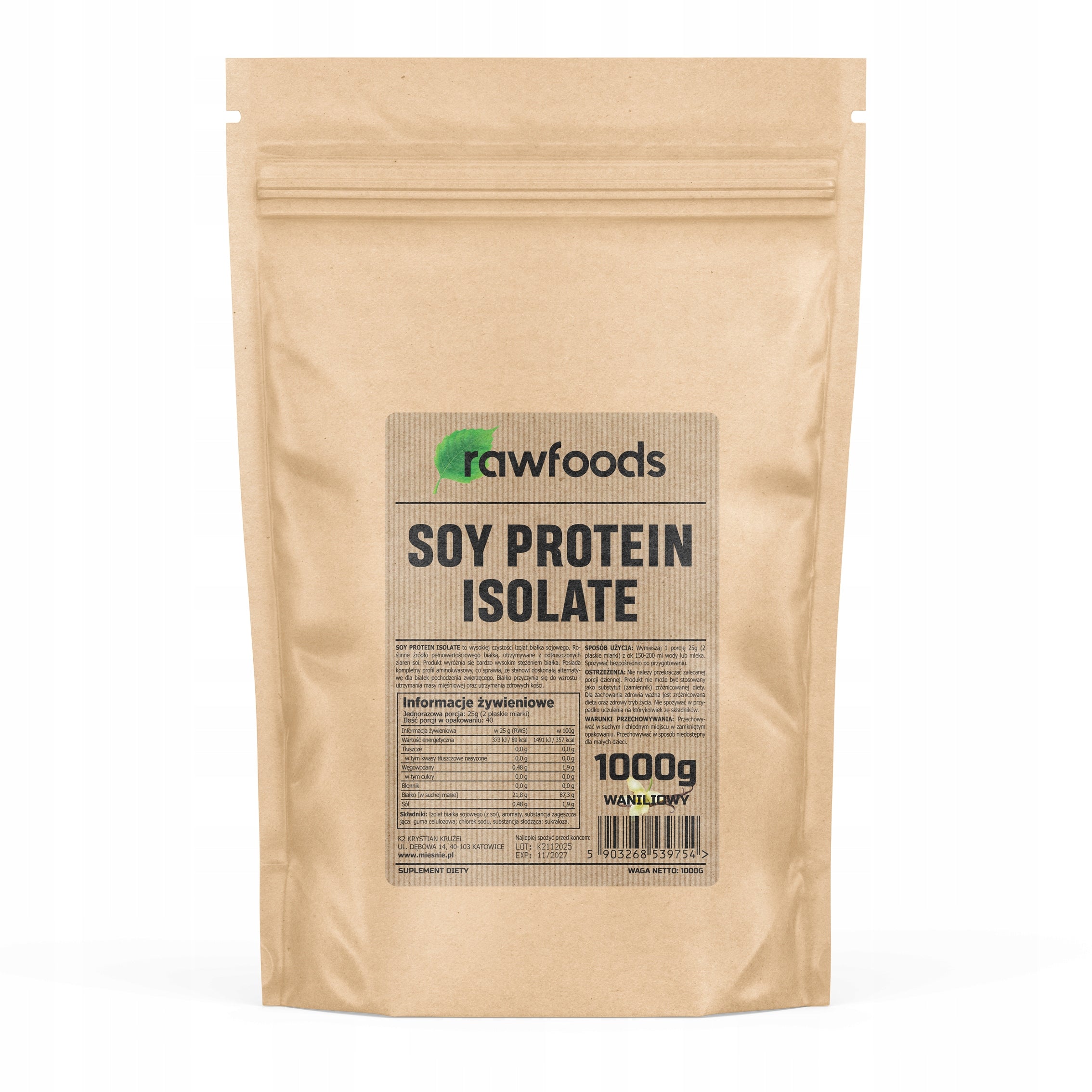 Rawfoods Soy Protein ISOLATE 1000g SOY PROTEIN ISOLATE PROTEIN Vanilla