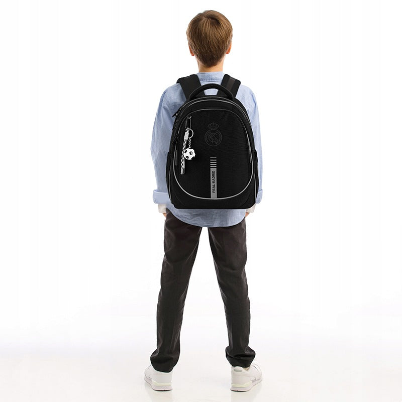 Real Madrid School Backpack Orthopedic Black for Boys Keychain Kite Packaging status original