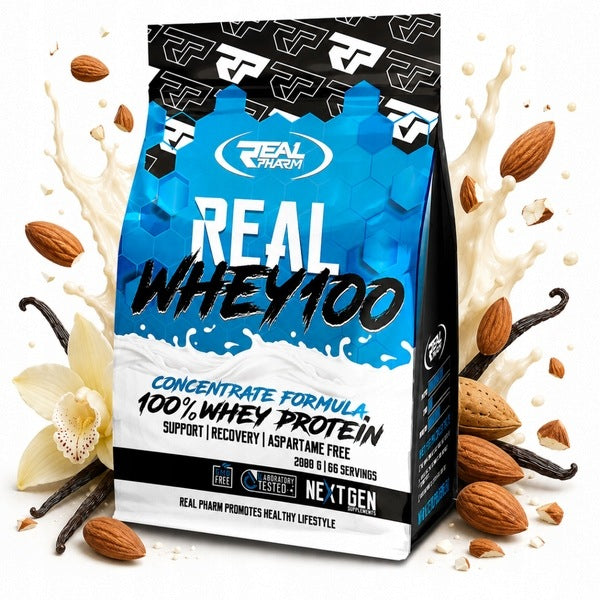 Real Pharm Real Whey 2000g Protein WPC Protein Conditioner Vanilla Flavour Almond
