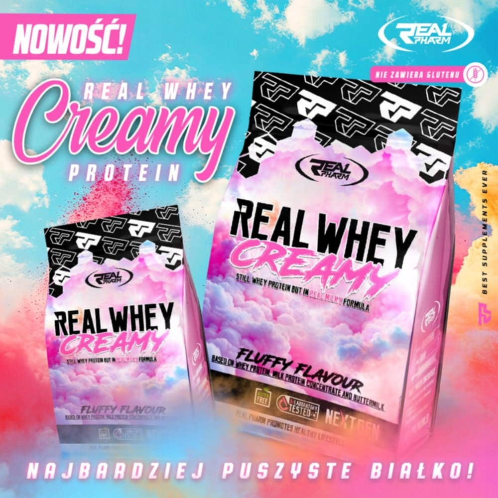 Real Pharm Whey Creamy Fluffy 700 g Strawberry Protein Supplement with Buttermilk Packaging status original
