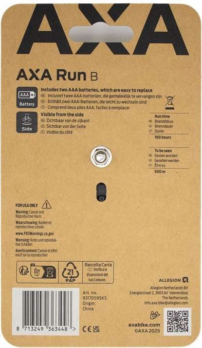 Rear bicycle light AXA Run Compact, for rear fender, LED, battery Kind on the rear fender