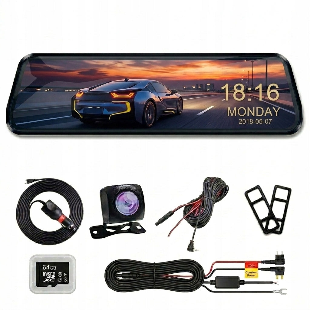 Rearview Mirror with 4K WiFi Touch Camera + 64GB Card + Parking Cable