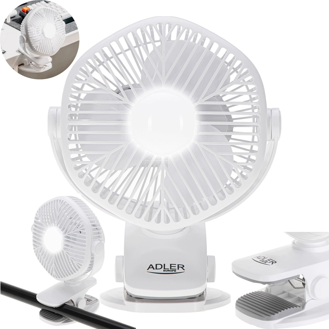 Rechargeable Fan ADLER AD 7335 USB LED With Clip Diameter 12,7cm Manufacturer code AD7335
