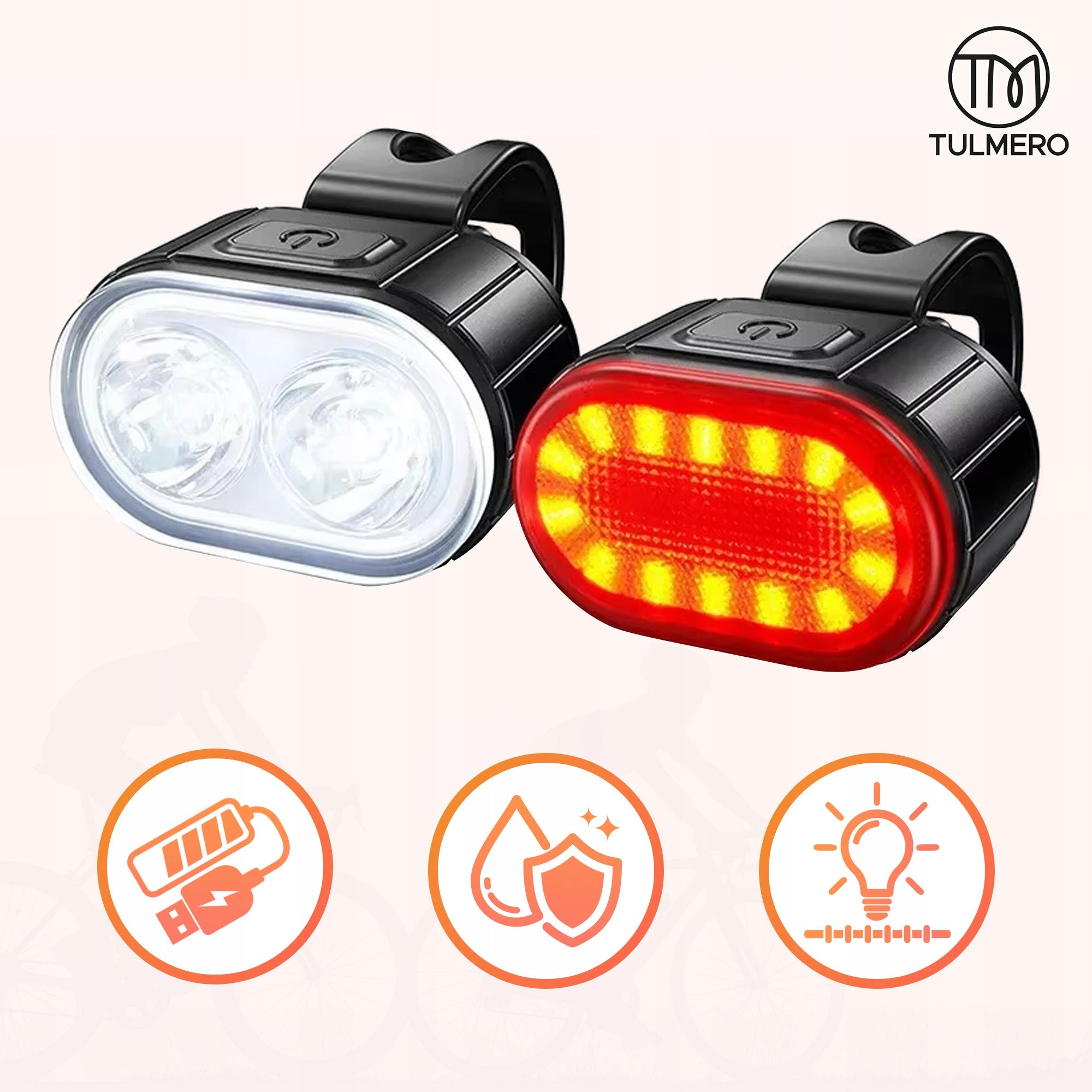Rechargeable LED Bike Light USB FRONT REAR for Bike SET OF 2 Brand Tulmero