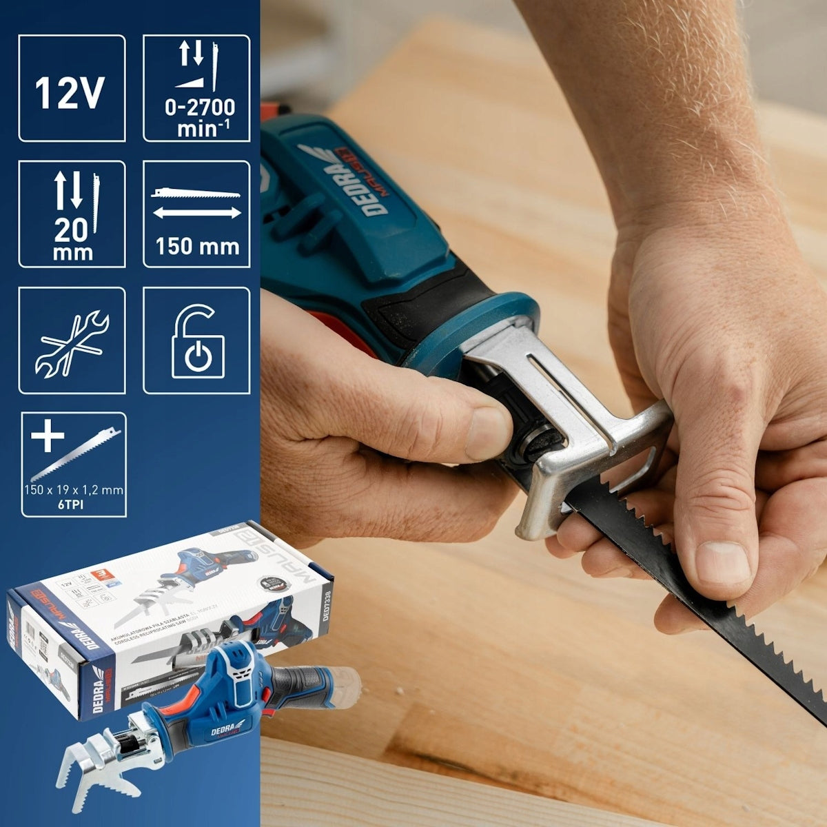 Reciprocating saw cordless fox tail jigsaw 12V DEDRA MAUS body Handle universal 1/2"