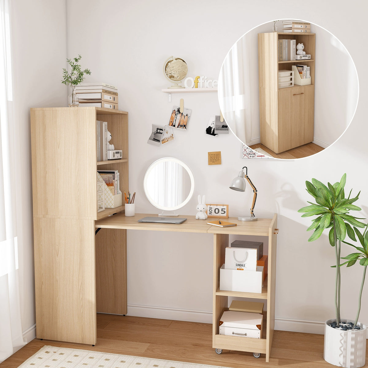 Reclining desk with cabinet, folding desk Adjustable, light natural oak