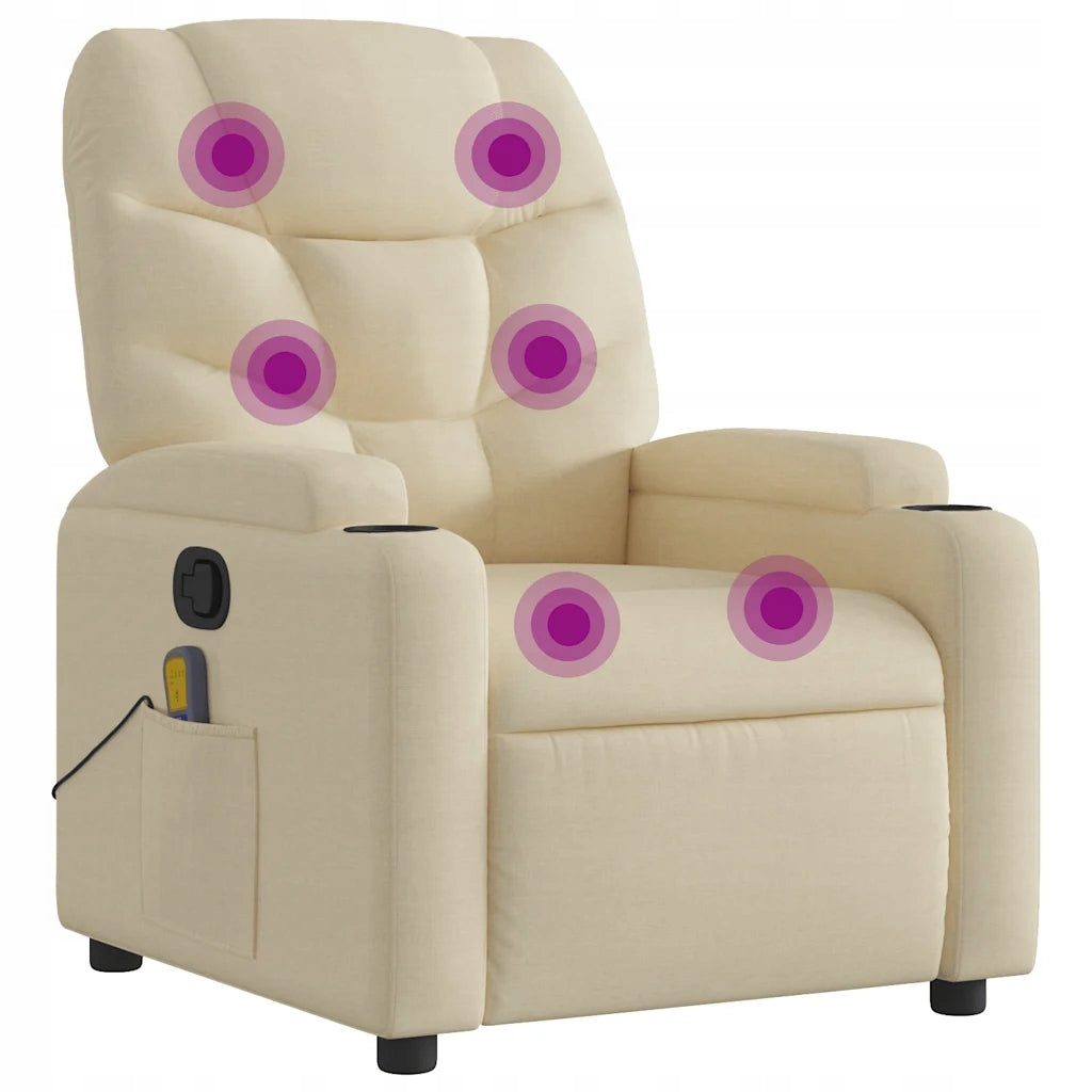 Reclining massage chair, cream, fabric upholstered