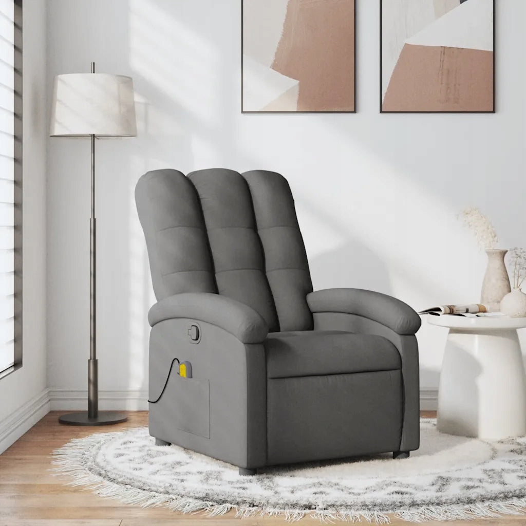 Reclining massage chair, dark grey, fabric upholstered
