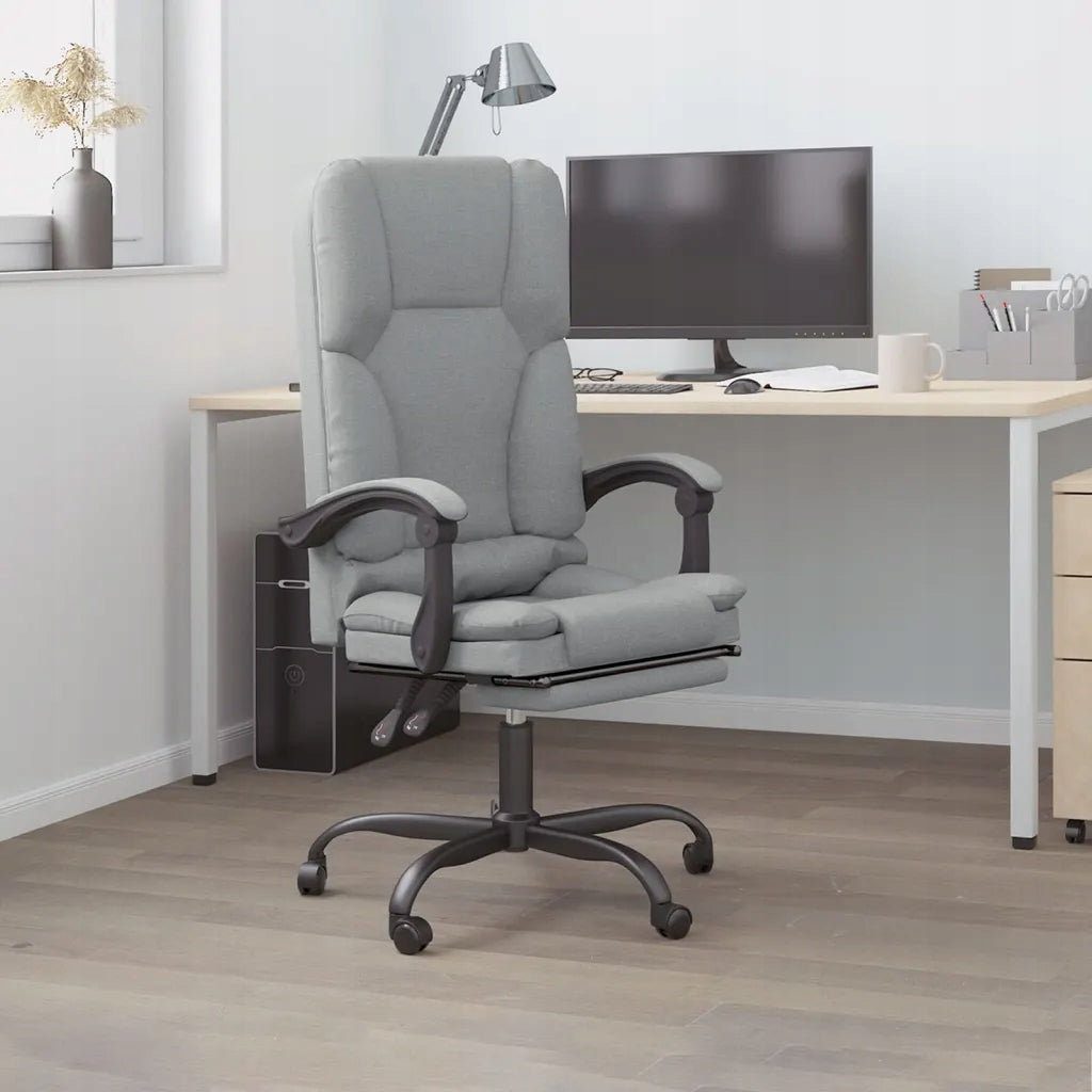 Reclining massage chair, light grey, fabric upholstered