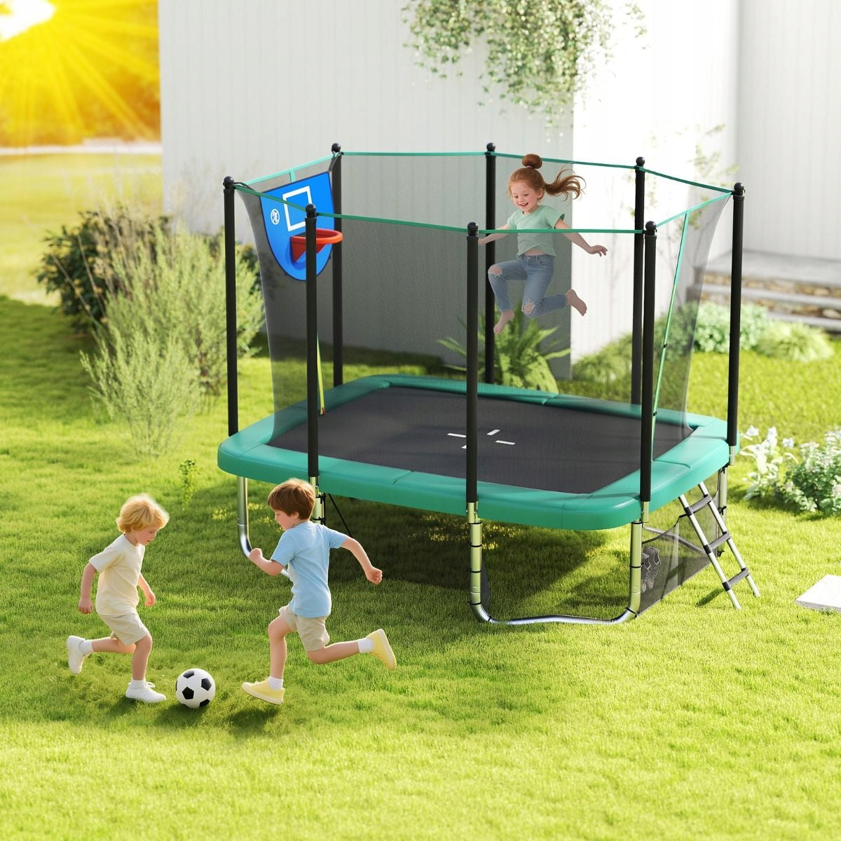 Rectangular Garden Trampoline with Ladder and Basketball Hoop Kid's age 3＋ years