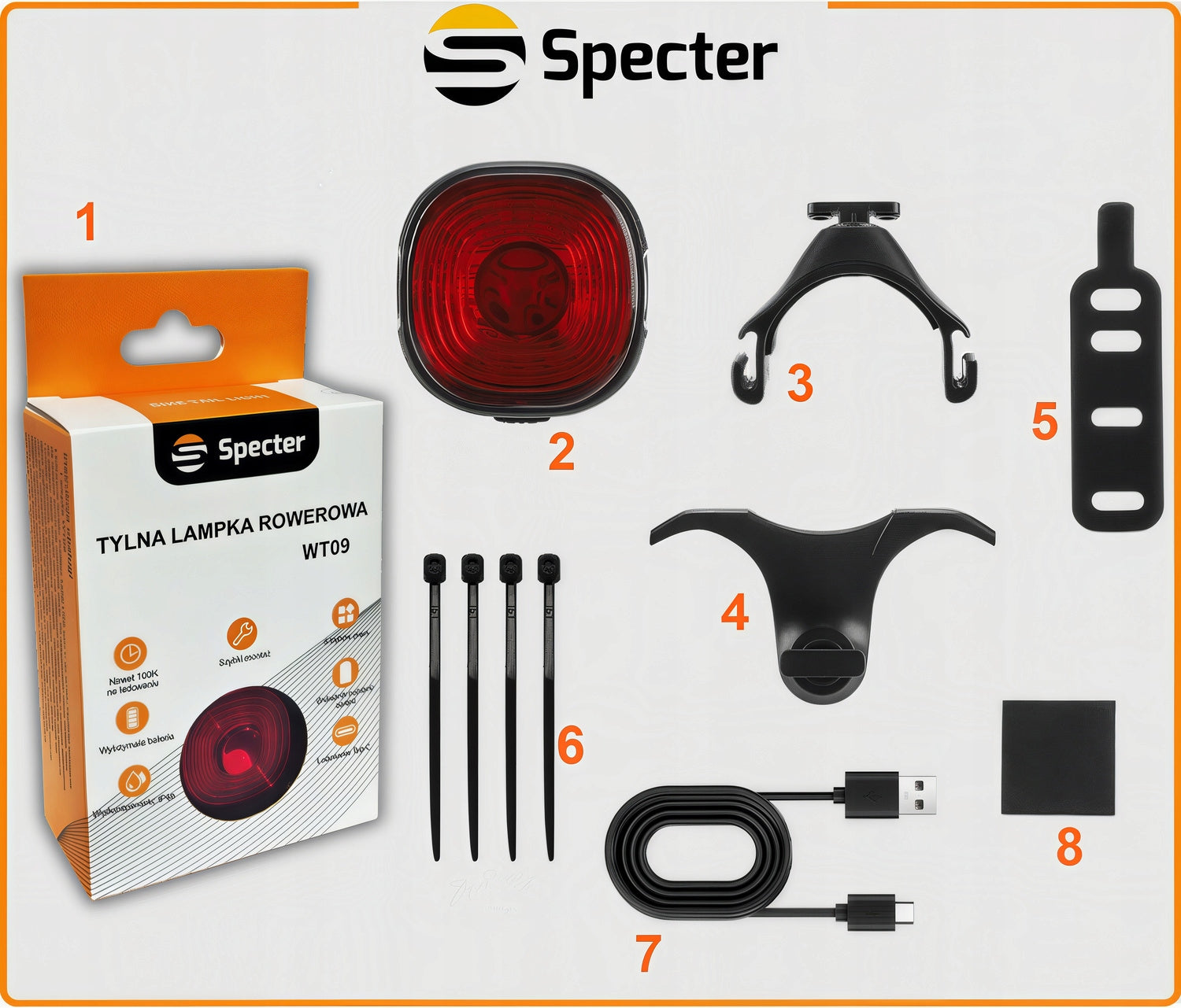 Red Bike light SPECTER WT09 rear USB C battery 100 hours Model WT09