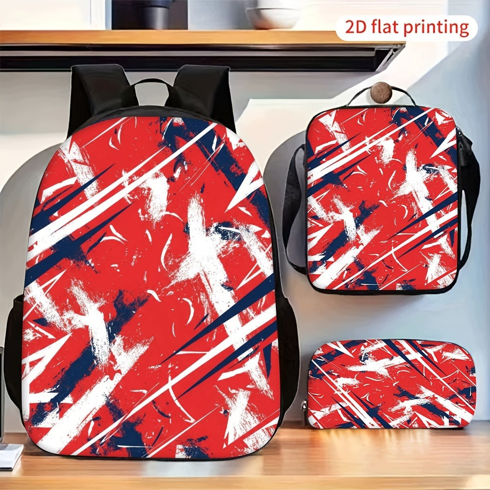 Red Blue White Abstract Brush Stroke 3-Piece Backpack Set with Lunch Bag and Pencil Case
