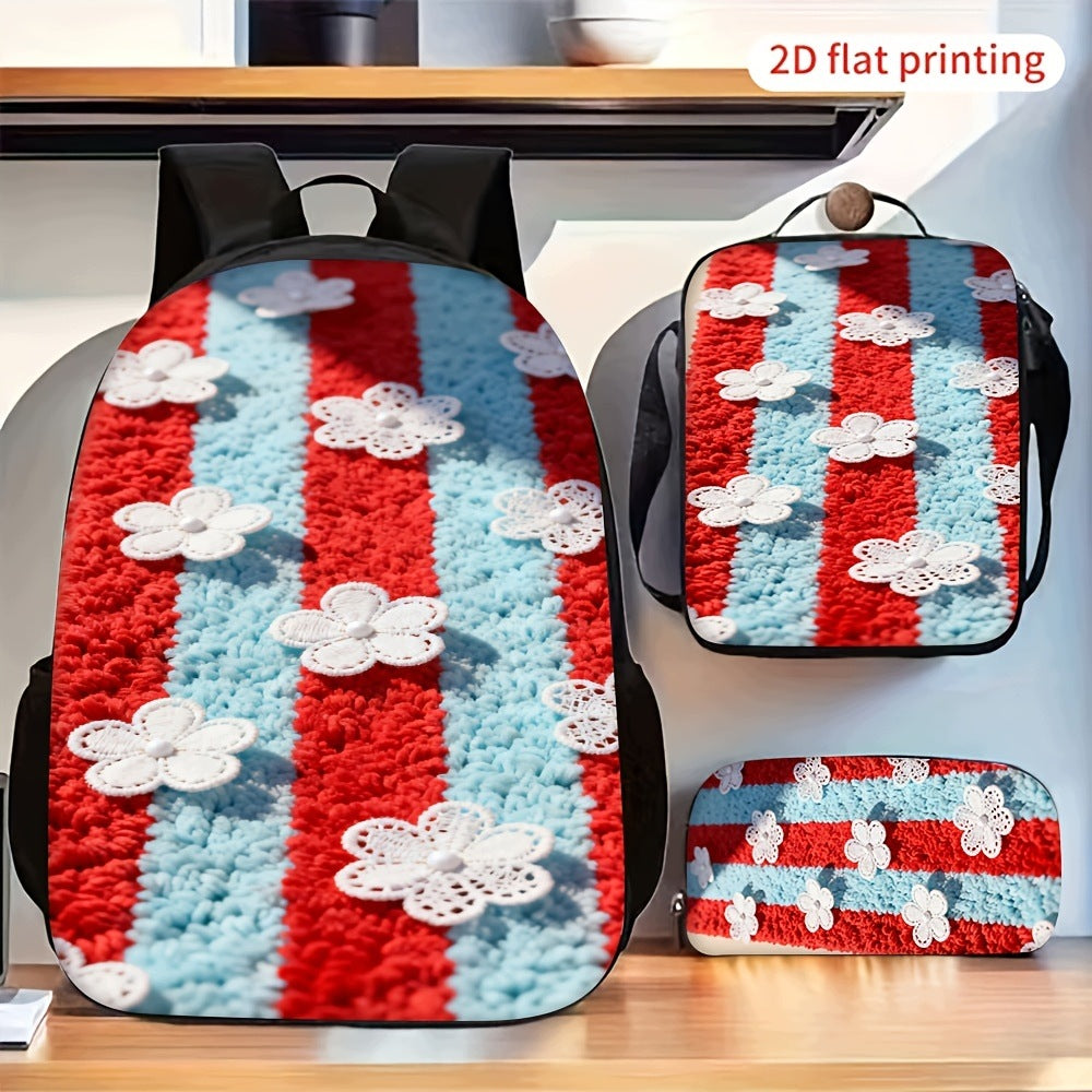 Red Blue White Striped Lace Flower 3-Piece Backpack Set