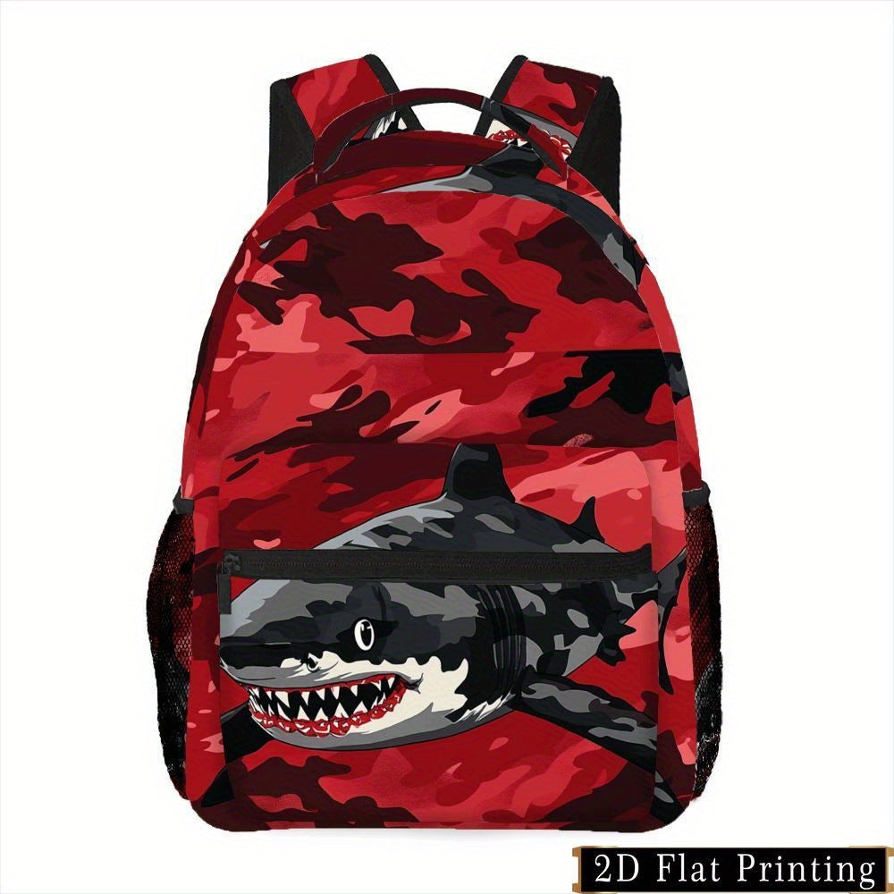 Red Camouflage Shark Pattern Backpack, Unique Zipper, Hand Washable, For Commuting