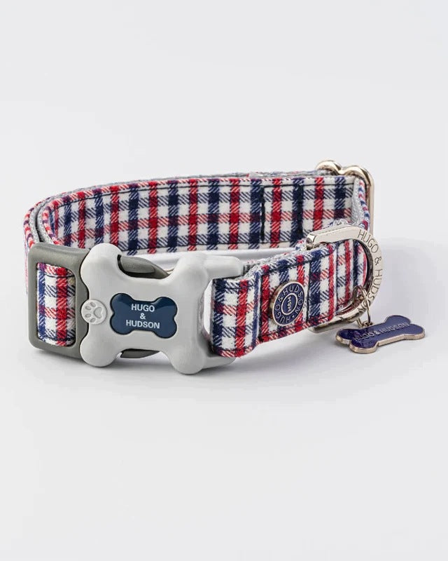 Red Fabric Tweed r. L Collar - Red - Navy Blue Checkered, Hugo & Hudson