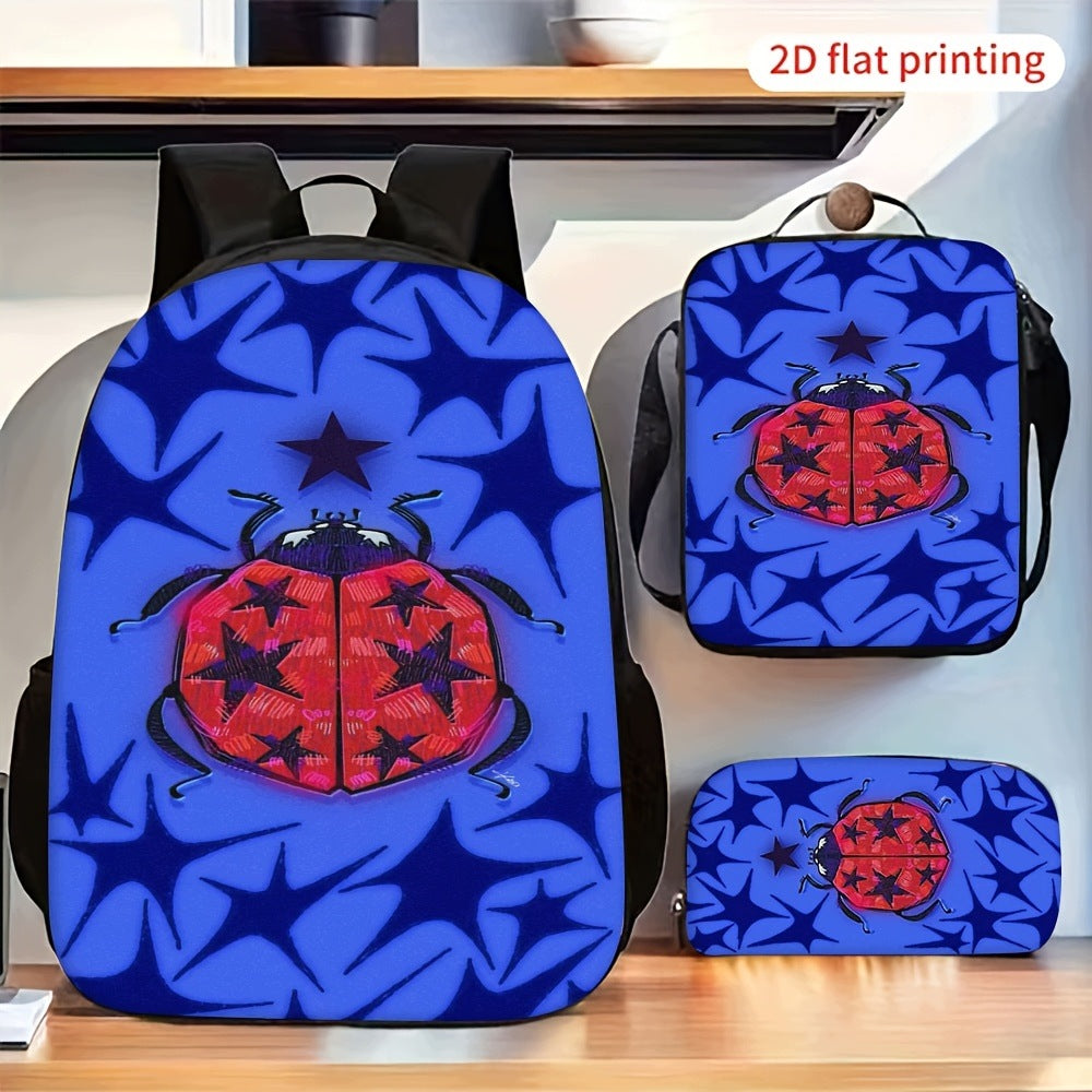 Red Ladybug Star Blue Background 3pc Backpack Set Adjustable Shoulder Strap