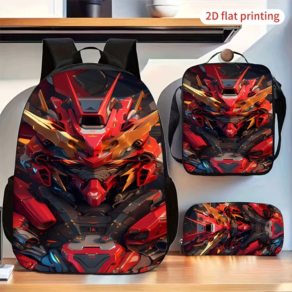 Red Mecha Armor 3-Piece Backpack Set with Crossbody Bag and Pouch