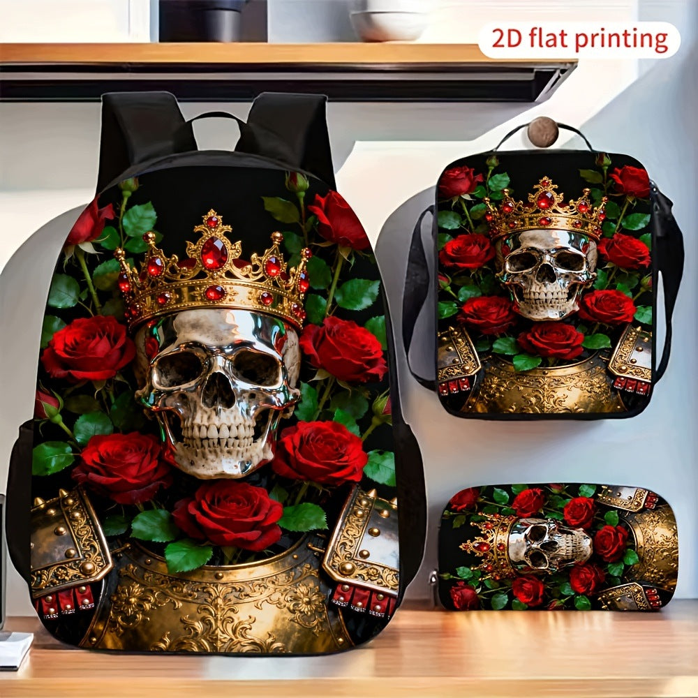 Red Rose Skull King Backpack Set with Crossbody Bag and Pencil Case