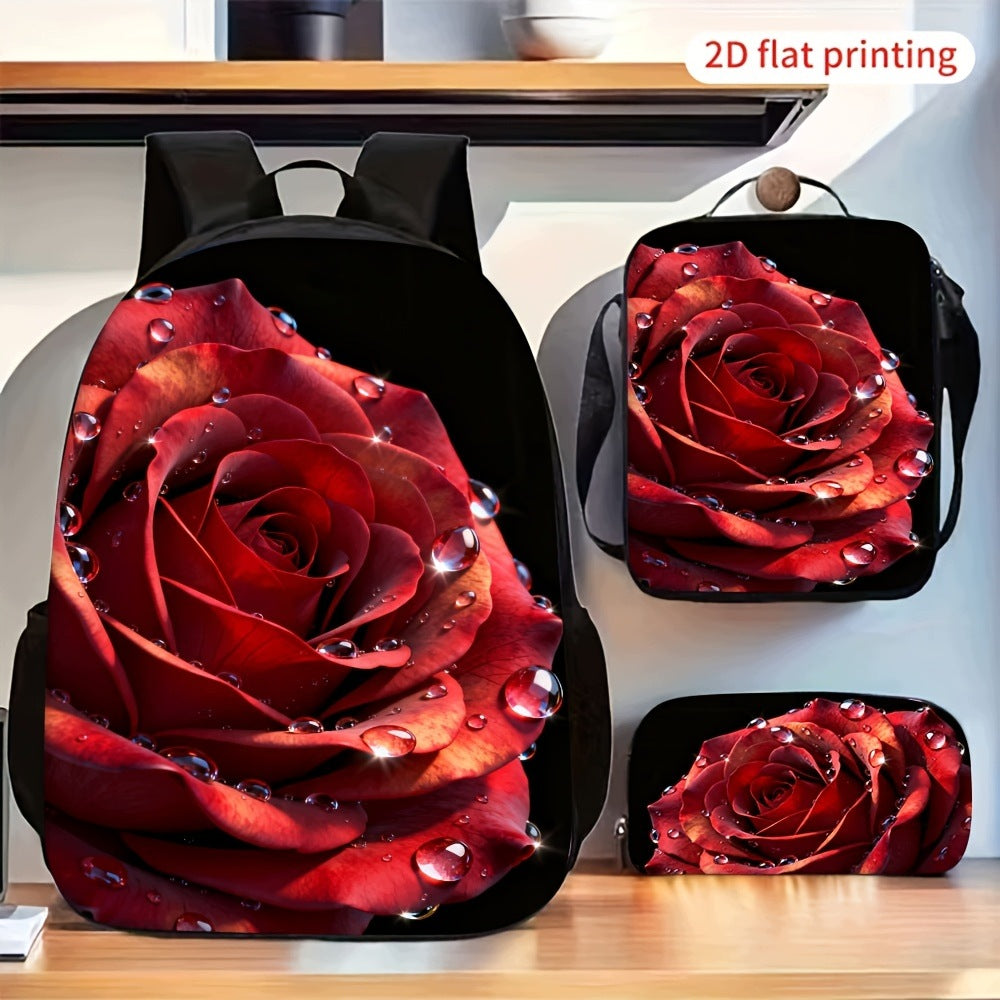 Red Rose Water Drop 3-Piece Backpack Set