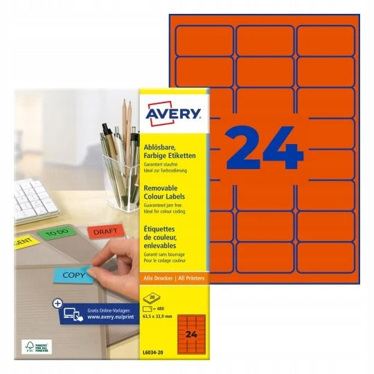 Red, easily removable self-adhesive labels 63,5x33,9 mm L6034-20