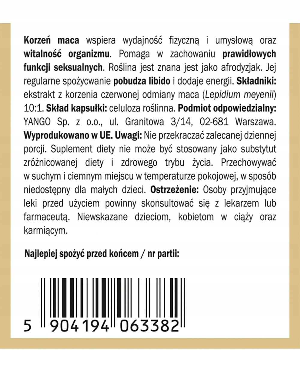 Red maca - 90 capsules - Yango - F capacity Basic ingredient other