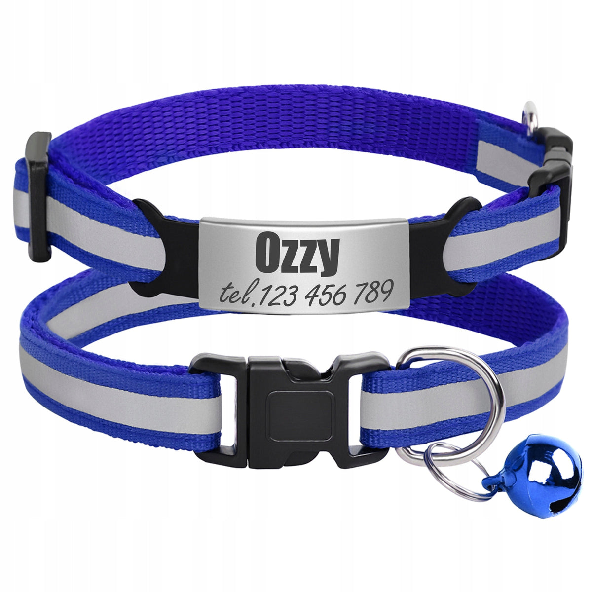 Reflective Cat Collar, Dog Bell, Engraved ID Tag, Navy Blue Address Card