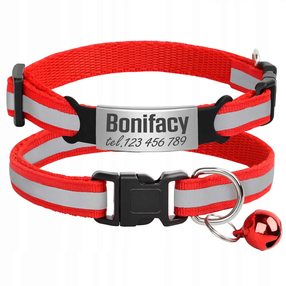 Reflective Cat Dog Collar with bell + ID tag Address card - RED -