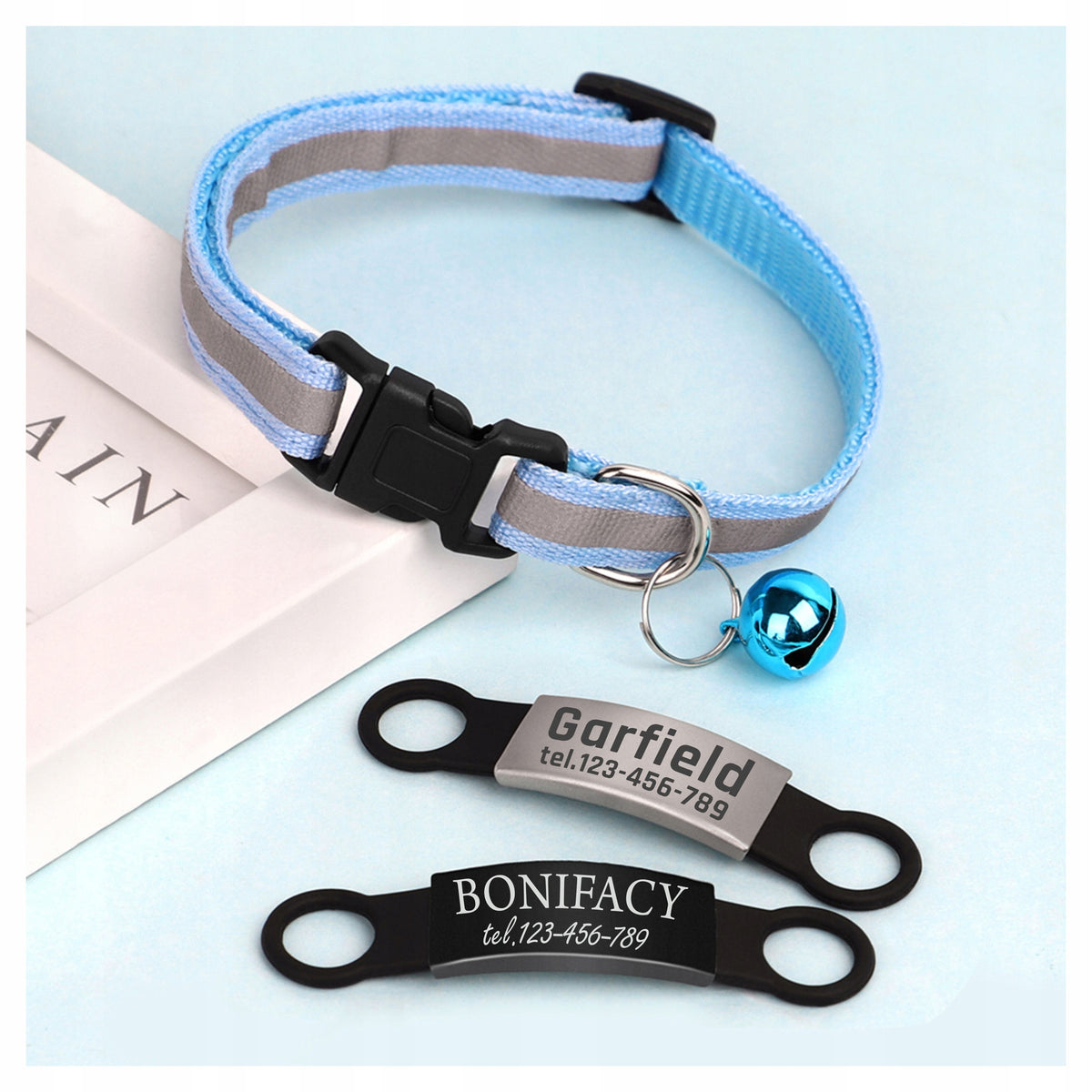 Reflective Dog Collar Dog Bell Engraving Identifier Address Card BLUE Color blue