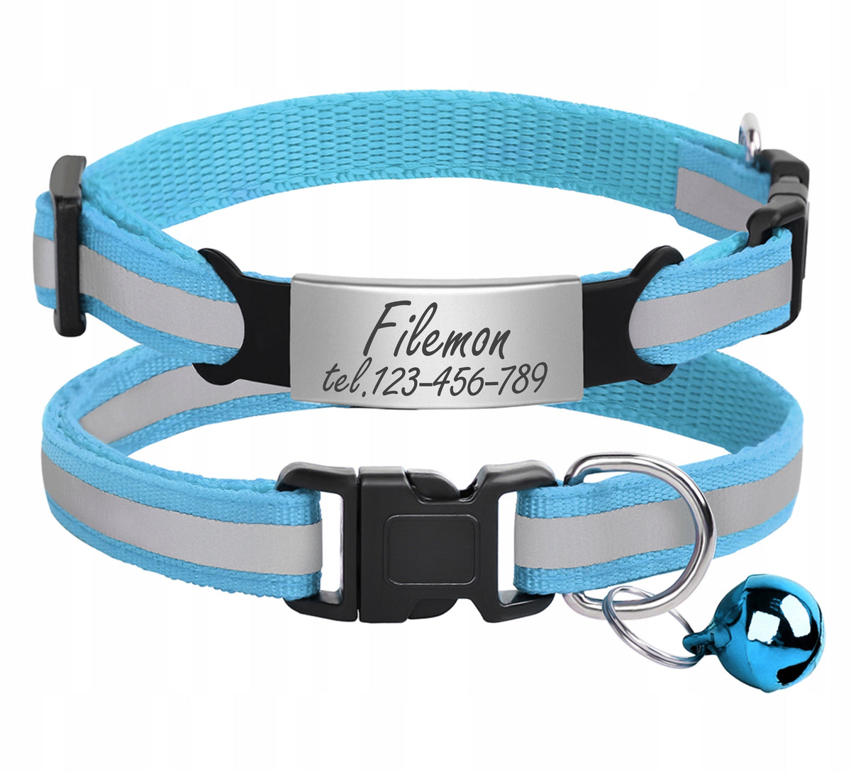Reflective Dog Collar Dog Bell Engraving Identifier Address Card BLUE