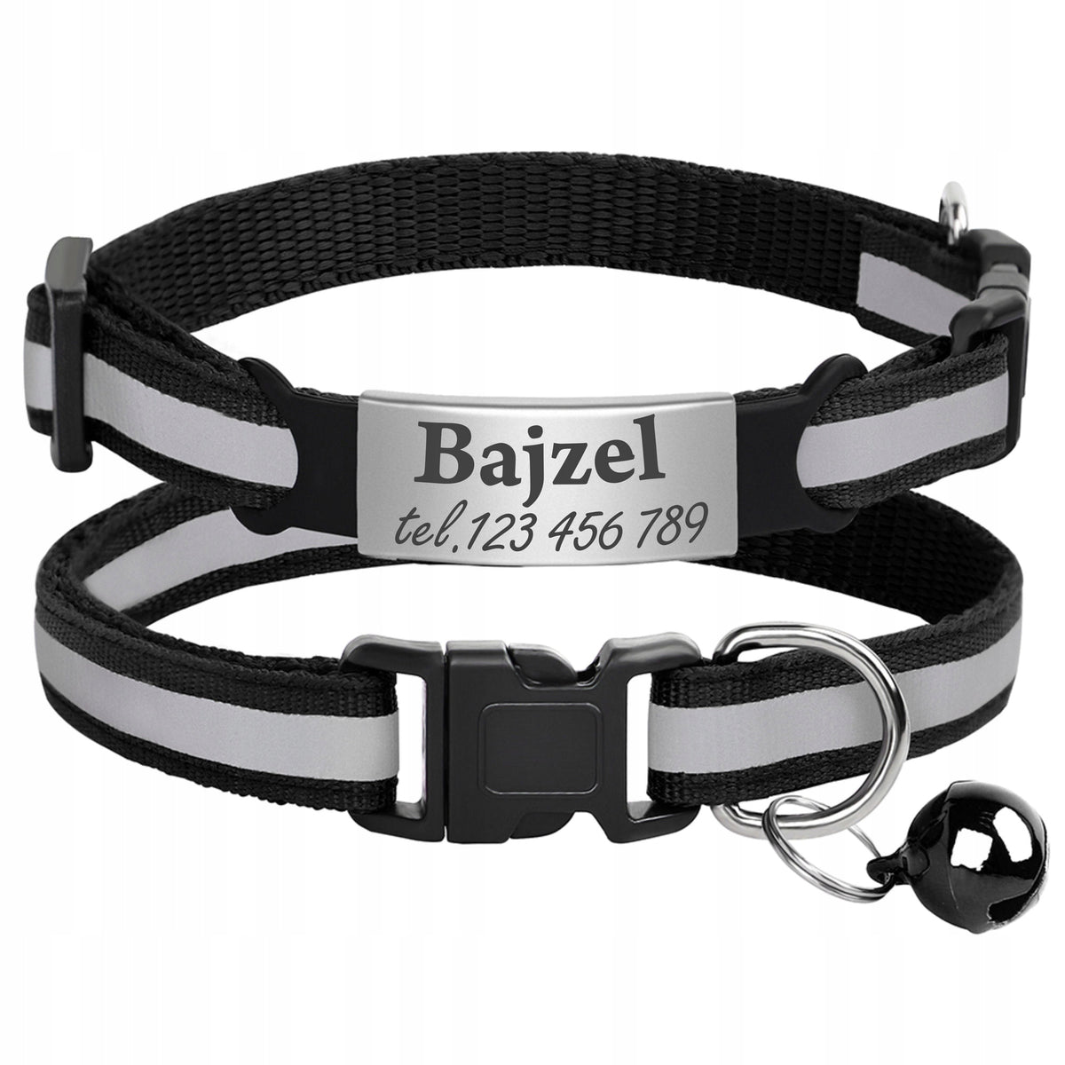 Reflective Dog Collar Dog Bell Identifier Engraving Address Card Black