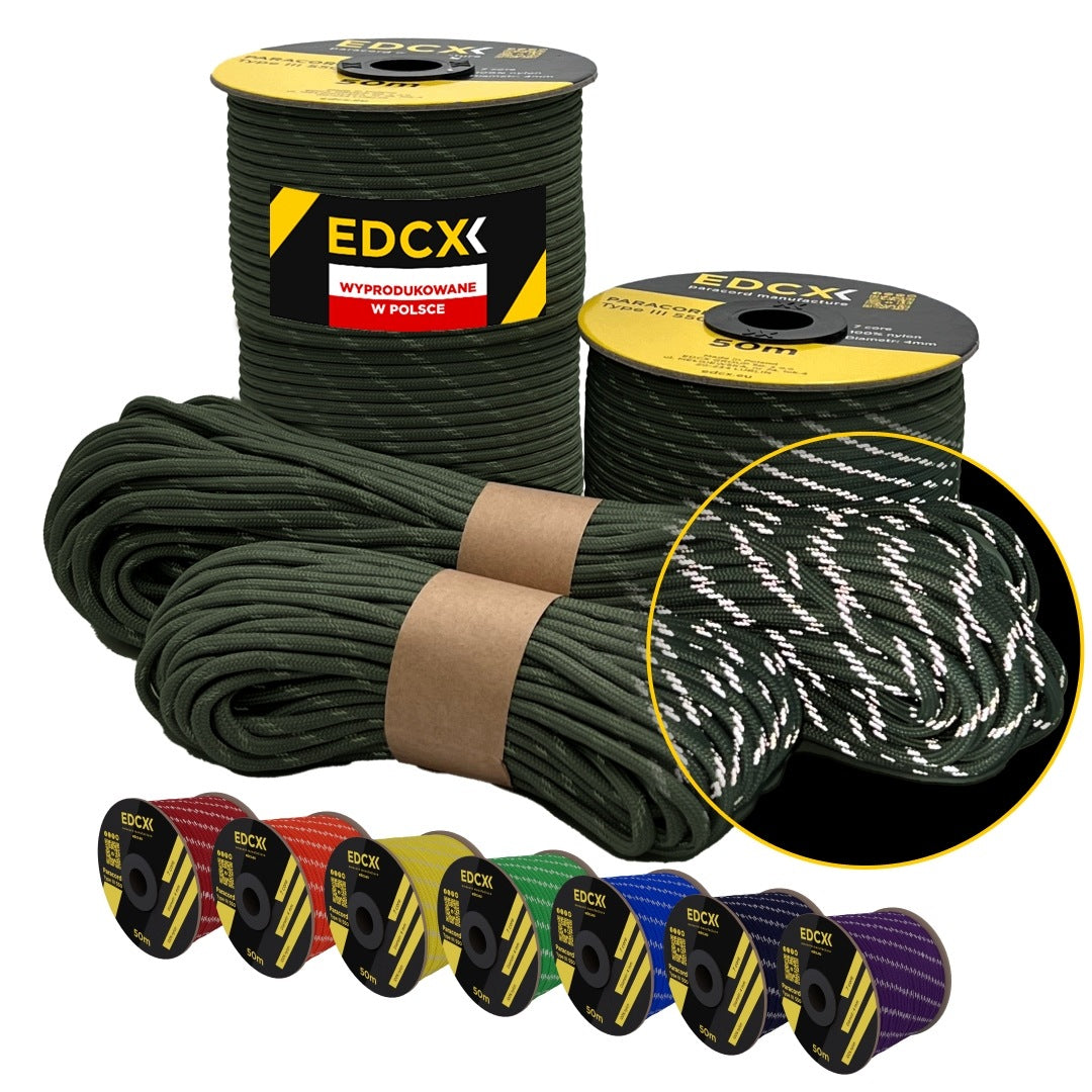 Reflective cable EDCX 4,4 mm Paracord 550 Reflective (Army Green, 15 m)
