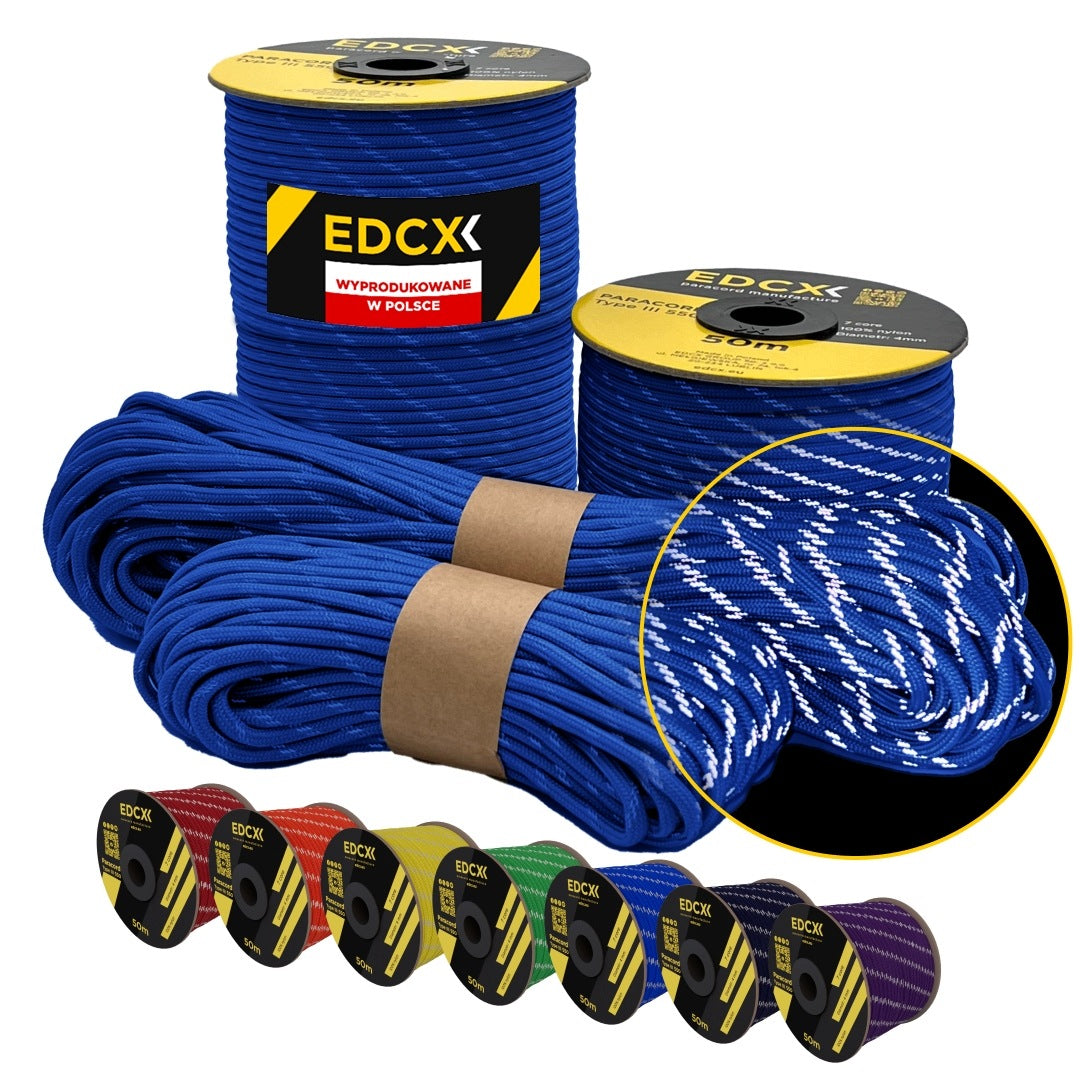 Reflective cable EDCX 4,4 mm Paracord 550 Reflective (Blue, 15 m)