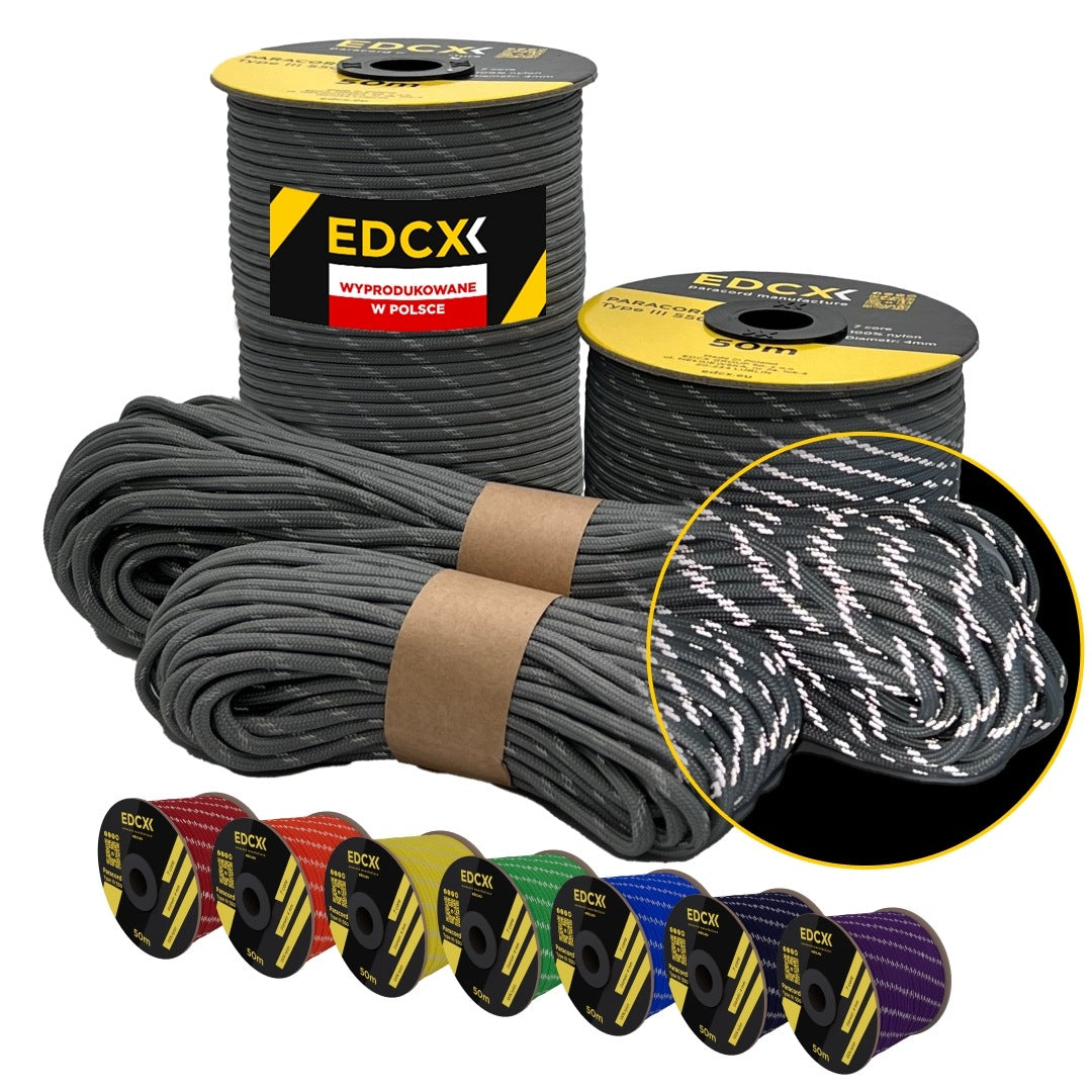Reflective cable EDCX 4,4 mm Paracord 550 Reflective (Dark Gray, 50 m)