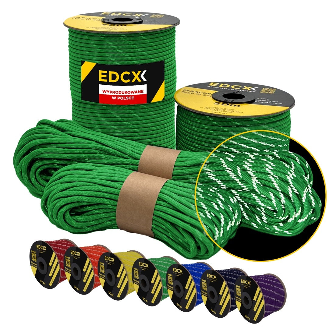 Reflective cable EDCX 4,4 mm Paracord 550 Reflective (Green, 50 m)