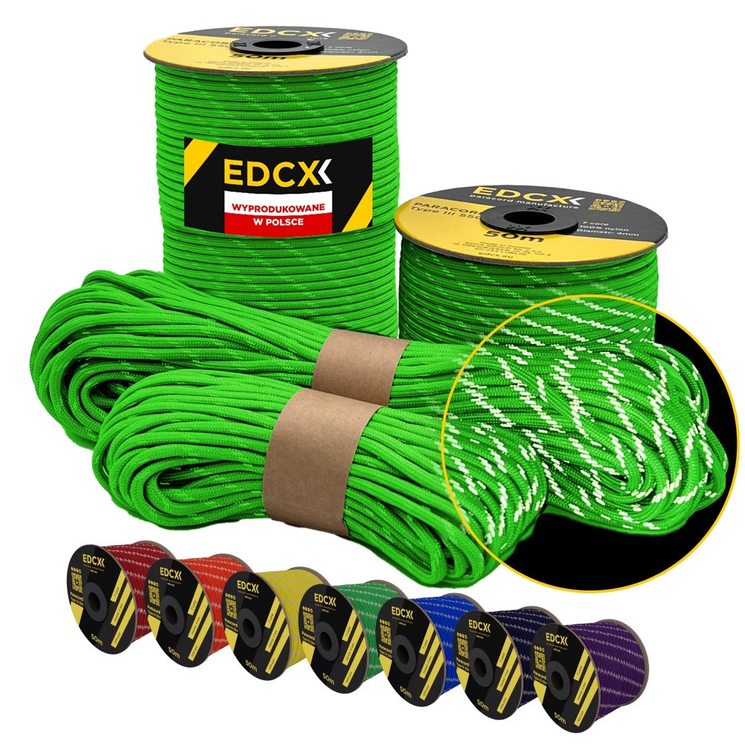 Reflective cable EDCX 4,4 mm Paracord 550 Reflective (Neon Green, 100 m)