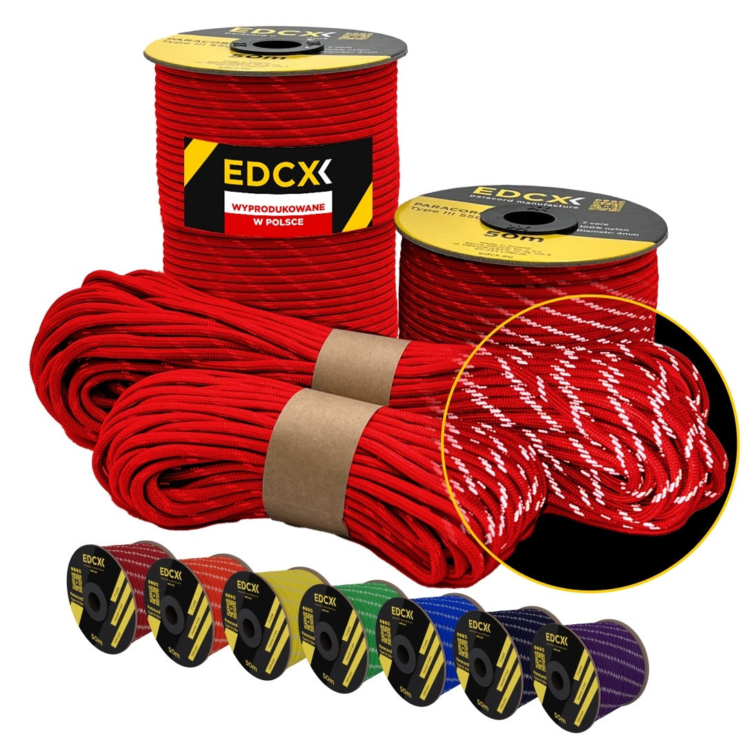 Reflective cable EDCX 4,4 mm Paracord 550 Reflective (Red, 100 m)