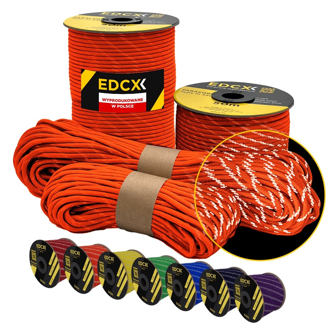 Reflective cable EDCX 4,4 mm Paracord 550 Reflective (Sofit Orange, 50 m)