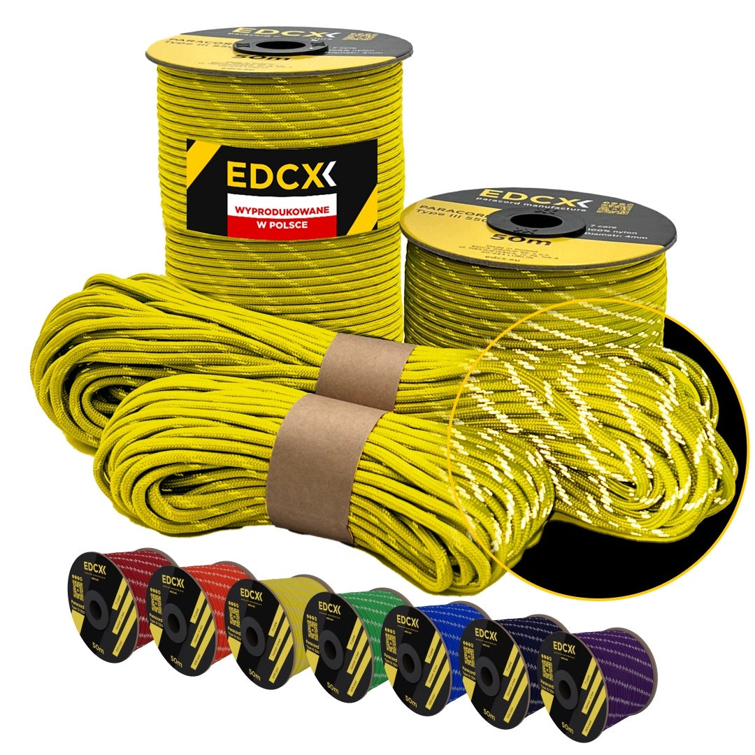 Reflective cable EDCX 4,4 mm Paracord 550 Reflective (Yellow, 15 m)