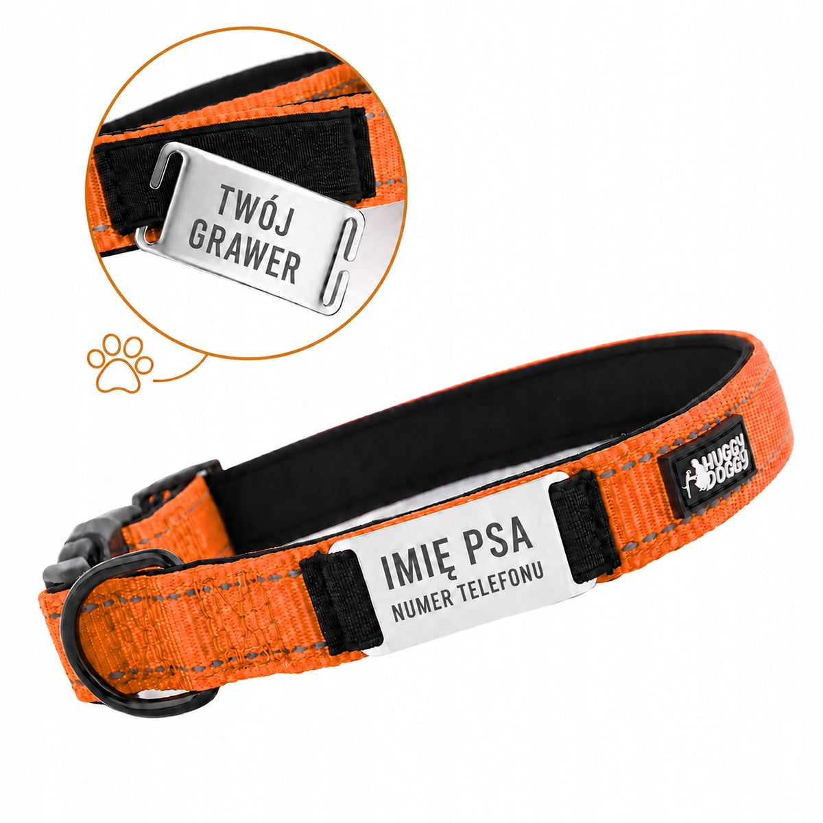 Reflective dog collar with engraving and name HUGGY DOGGY size XS Packaging status original