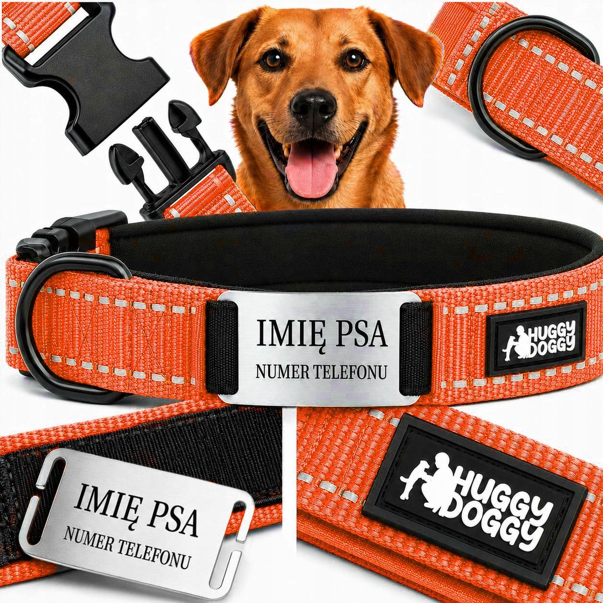 Reflective dog collar with engraving and name HUGGY DOGGY size XS